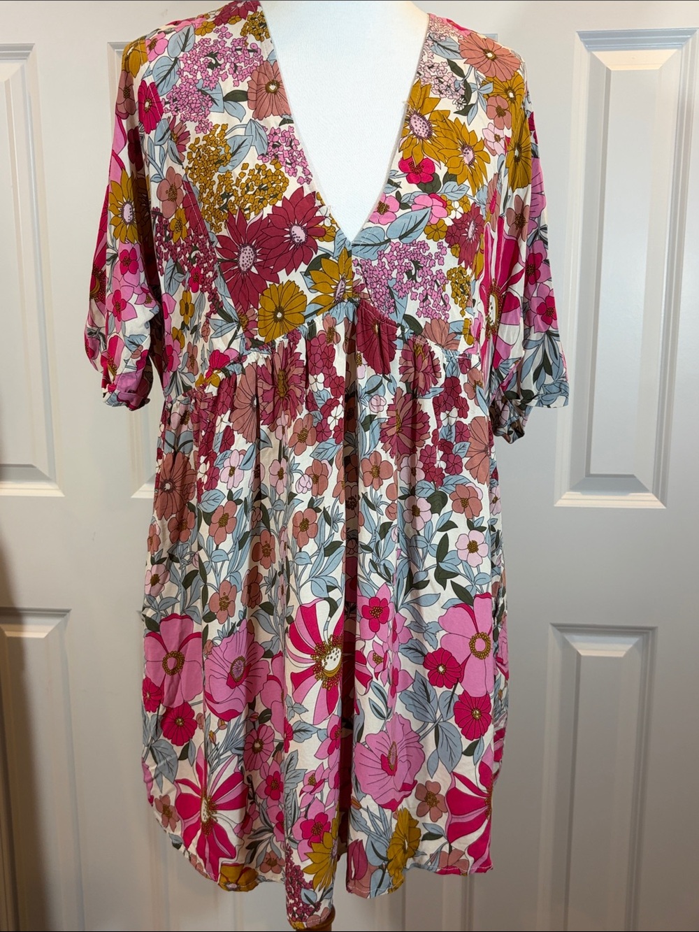 NATURAL LIFE Pink Multi Floral V-Neck Babydoll dress